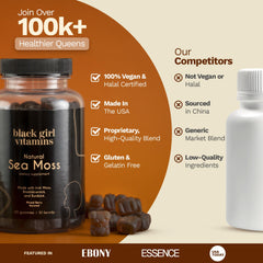 Black Girl Vitamins Irish Sea Moss Gummies packaging emphasizes vegan and halal values.