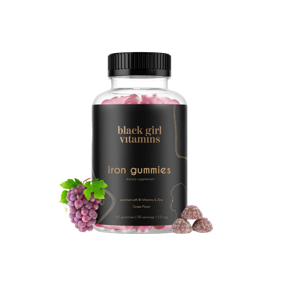 Black Girl Vitamins Iron Gummies bottle shows 60 grape-flavored gummies for daily support.