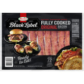 Black Label bacon thick-cut packaging highlights ready-to-eat convenience.
