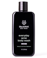 Black Wolf salicylic acid body wash bottle pour shows a deep clean for stubborn breakouts