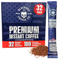 Blackout Coffee Colombian Arabica Instant Box closeup highlighting premium flavor and convenience.