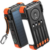BLAVOR solar power bank front view with built-in cables for on-the-go charging