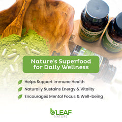 B’LEAF NATURE moringa capsules bottle side, gluten-free and non-GMO formula for reliable wellness.