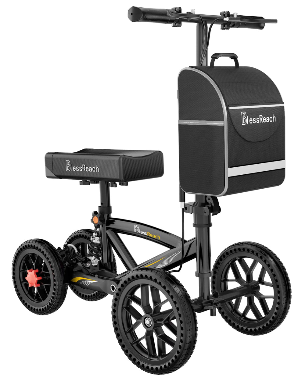 BlessReach all-terrain knee scooter front wheels provide stability on diverse surfaces