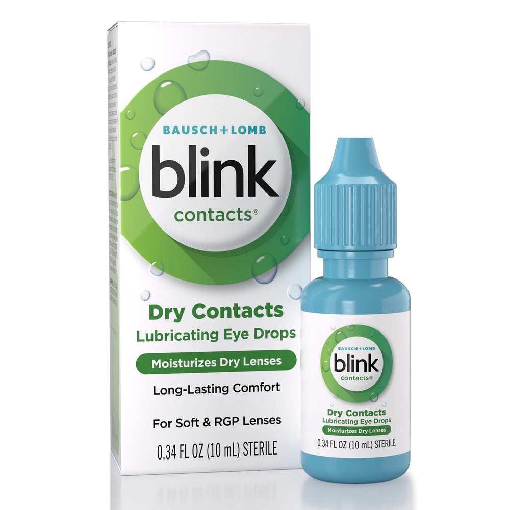 Blink Contacts Lubricating Eye Drops bottle close-up for daily lens hydration