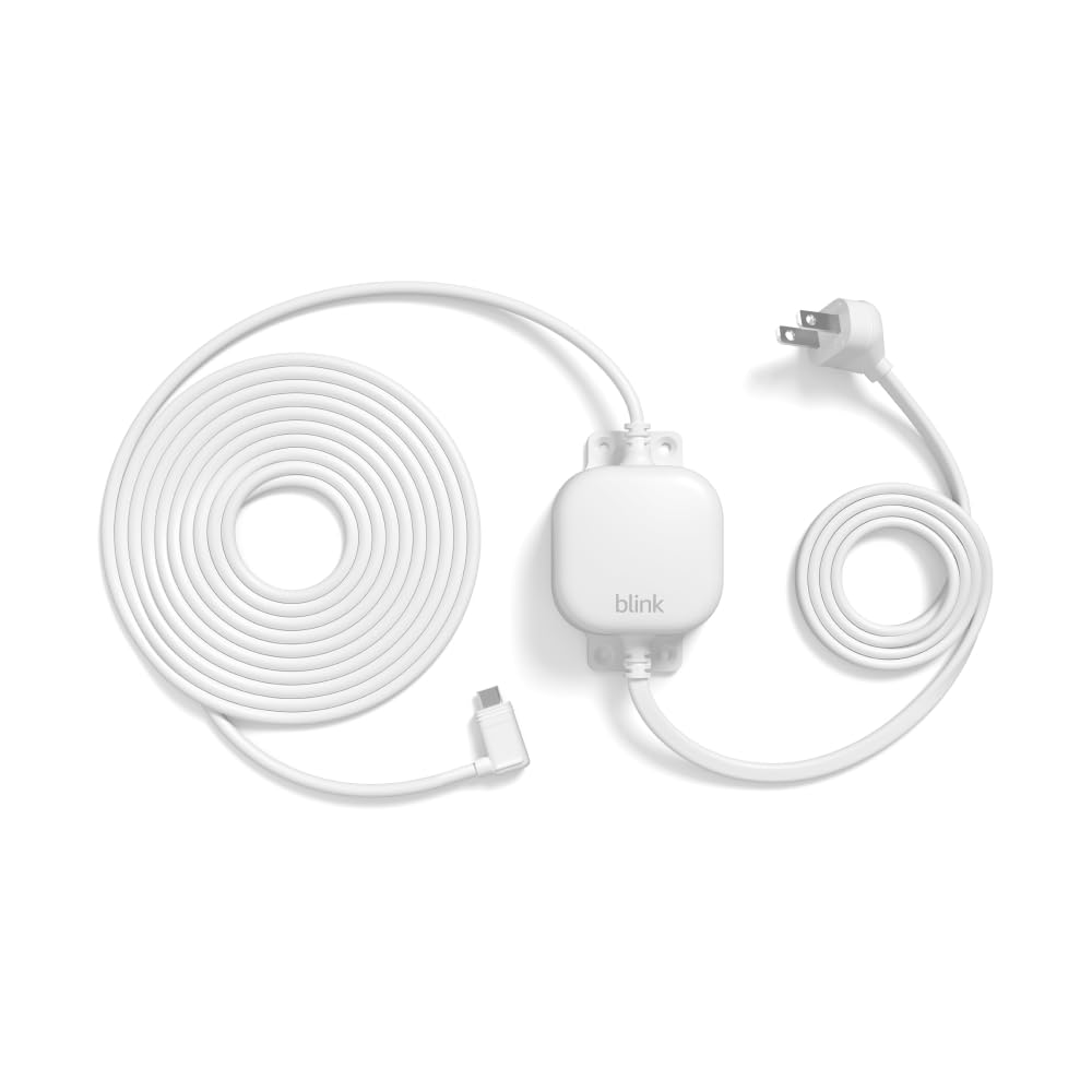 Blink weather-resistant 13ft power adapter powering outdoor cameras reliably.