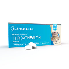 BLIS ThroatHealth vanilla lozenges bottle on a clean surface for daily throat support.