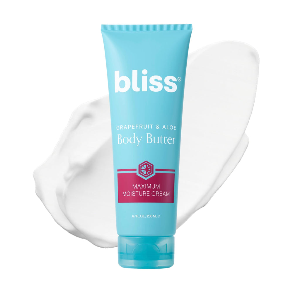 Bliss Grapefruit and Aloe Body Butter bottle pour shows smooth, quick-absorb application.