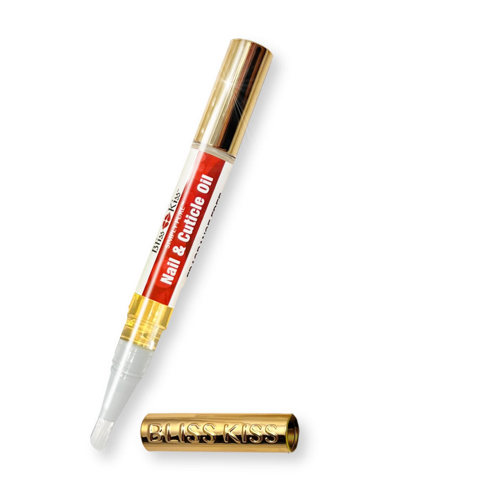 Bliss Kiss fragrance-free nail oil pen applying cuticle nourishment to nails.