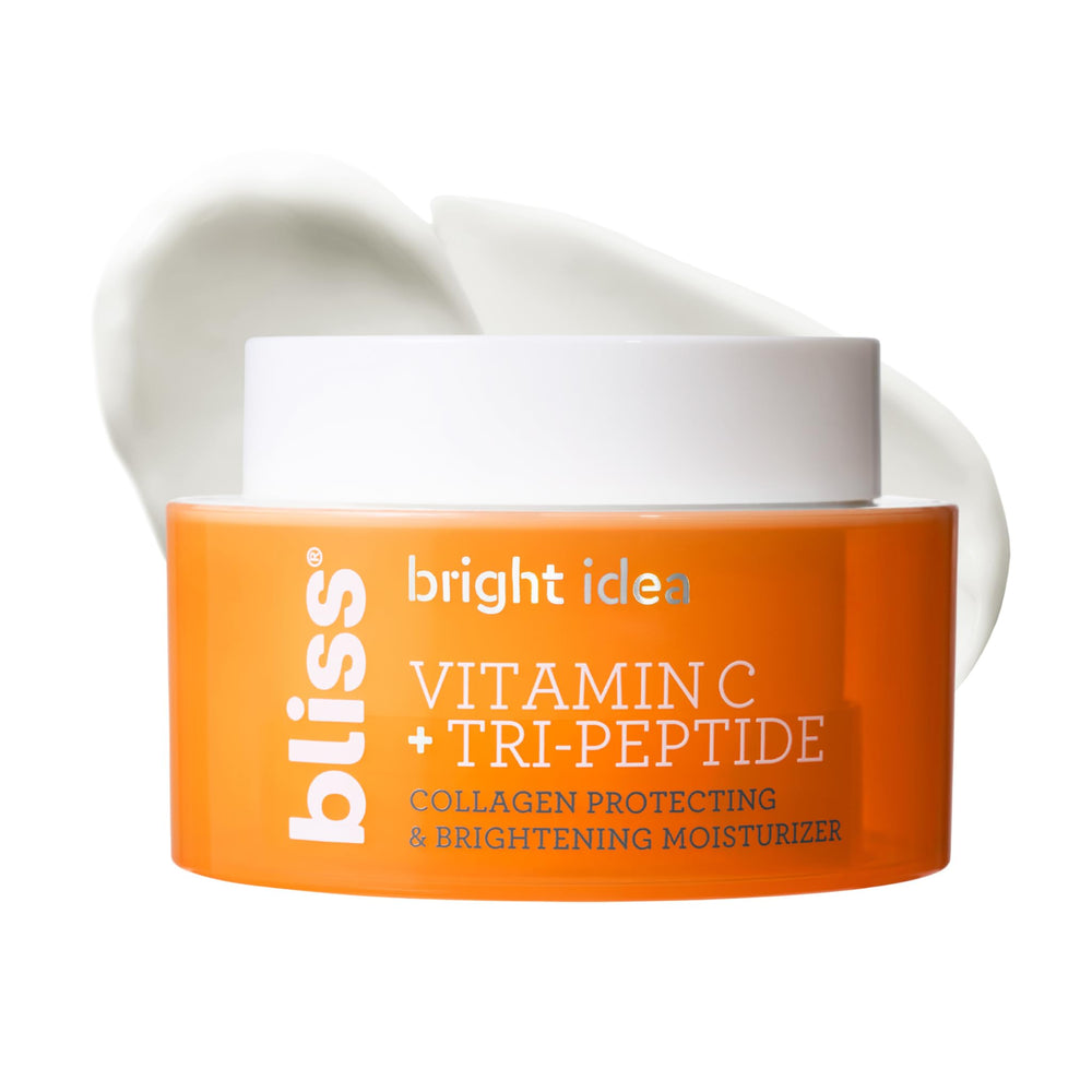 Bliss Vitamin C + Tri-Peptide Moisturizer bottle highlights brightening formula for radiant skin.