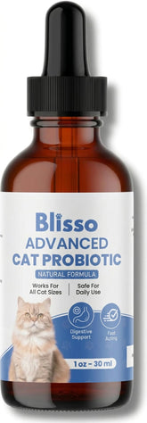 Blisso Pet Advanced Cat Probiotic Drops bottle for daily digestion support in cats.
