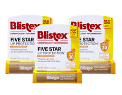 Blistex Five Star Lip Protection three-pack on display, shielding lips daily