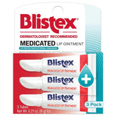 Blistex medicated lip ointment tube close-up for dryness relief.