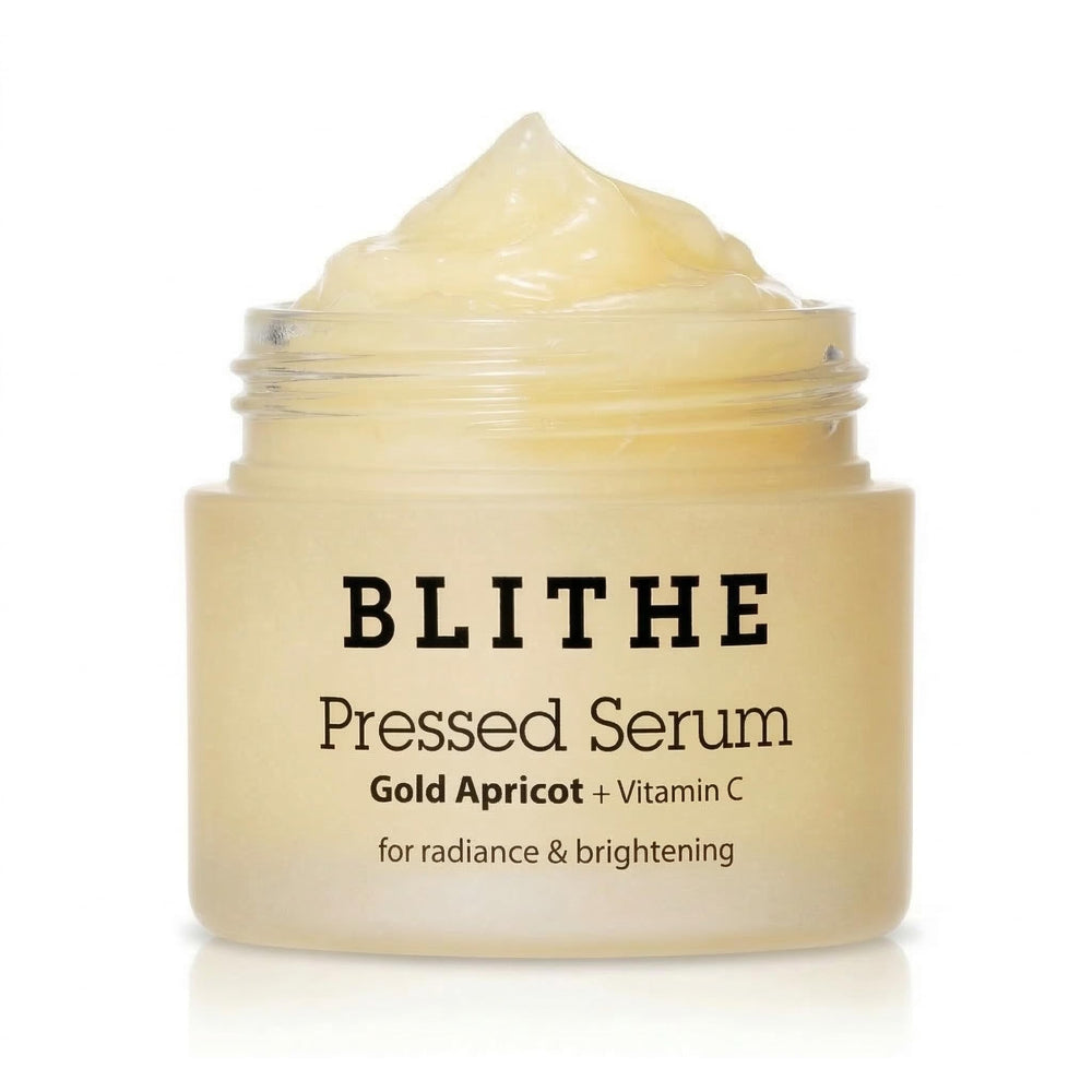 BLITHE pressed serum gold apricot bottle shows radiant hydration for dry skin