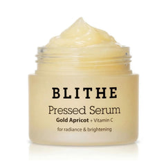 BLITHE pressed serum gold apricot bottle shows radiant hydration for dry skin