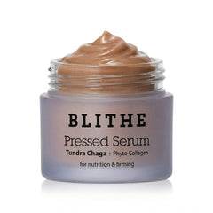 BLITHE Pressed Serum Tundra Chaga bottle close-up showing hydration-boosting formula.