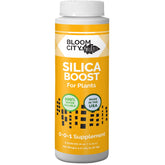 Bloom City Liquid Silica Boost bottle label highlighting plant silica support for stronger growth.