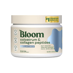 Bloom Nutrition Bovine Colostrum Powder bottle shows convenient daily immune and gut support