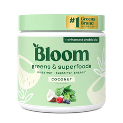Bloom Nutrition Greens powder bottle front showing coconut flavor and vibrant packaging.