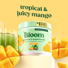 Bloom Nutrition greens powder scoop mango showing simple, consistent daily servings.
