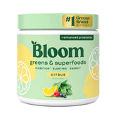 Bloom Nutrition greens powder tub front highlighting convenient daily greens intake.