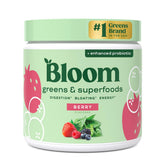 Bloom Nutrition Greens powder tub label highlighting 30+ ingredients for daily wellness.