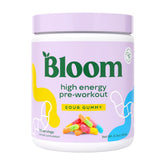 Bloom Nutrition High Energy Pre Workout Sour Gummy powder in tub for focused workouts.