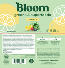 Bloom Nutrition ingredient label closeup showing plant based, dairy free options.