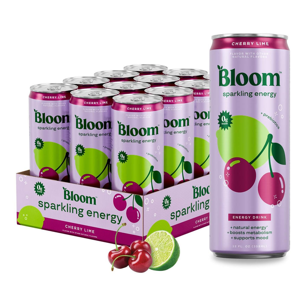 Bloom Nutrition Sparkling Energy Cherry Lime can, cooling pick-me-up for workouts.