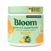 Bloom Nutrition superfood greens powder mango bottle pour for a convenient daily greens boost.