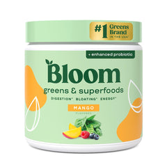 Bloom Nutrition superfood greens powder mango bottle pour for a convenient daily greens boost.