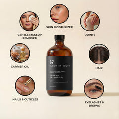 Bloom of Youth USA-made castor oil in dark bottle