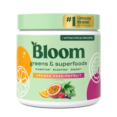 Bloom Nutrition orange passionfruit greens powder scoop for daily energy