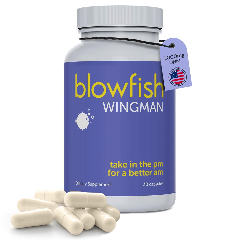 Blowfish Wingman bottle front view for post-party hydration and liver support.