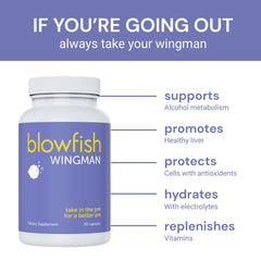 Blowfish Wingman pills close-up with DHM and L-Cysteine ingredients.