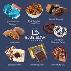 Blue Bow Gourmet milk chocolate pecan patties, creamy centers with nutty crunch.