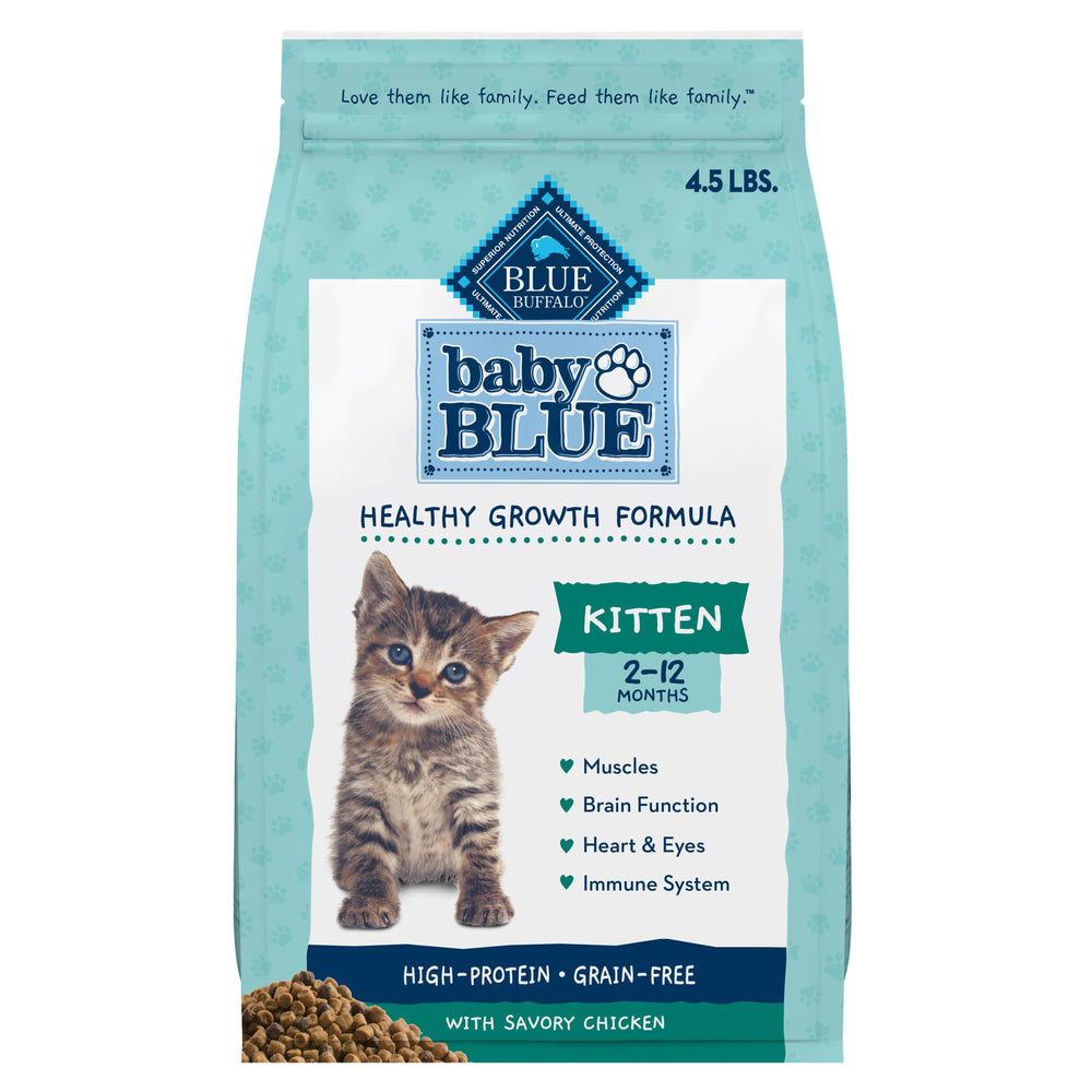 Blue Buffalo Baby Blue kitten food bag shows convenient 4.5-lb packaging for growth