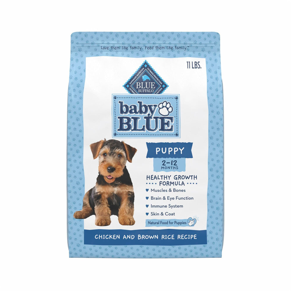 Blue Buffalo Baby BLUE dry puppy food bag with chicken recipe for healthy growth.