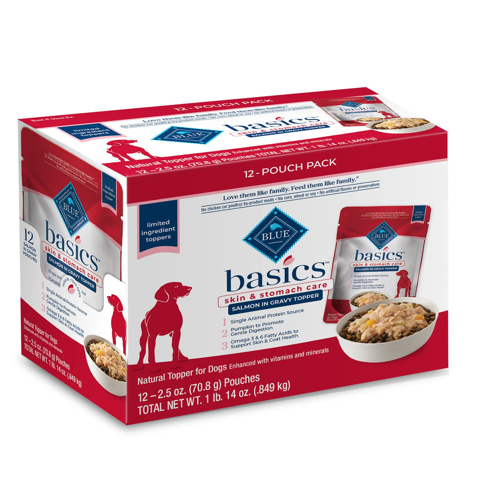 Blue Buffalo Basics salmon topper in gravy highlights real salmon for gentle digestion.