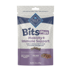 Blue Buffalo Blue Bits Plus Mobility bottle shows savory beef treats for daily mobility support.