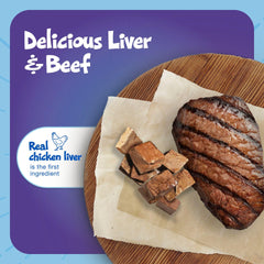 Blue Buffalo Bursts real chicken liver first ingredient highlighted on label.