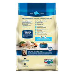 Blue Buffalo dry dog food ingredients close-up shows real chicken and brown rice.