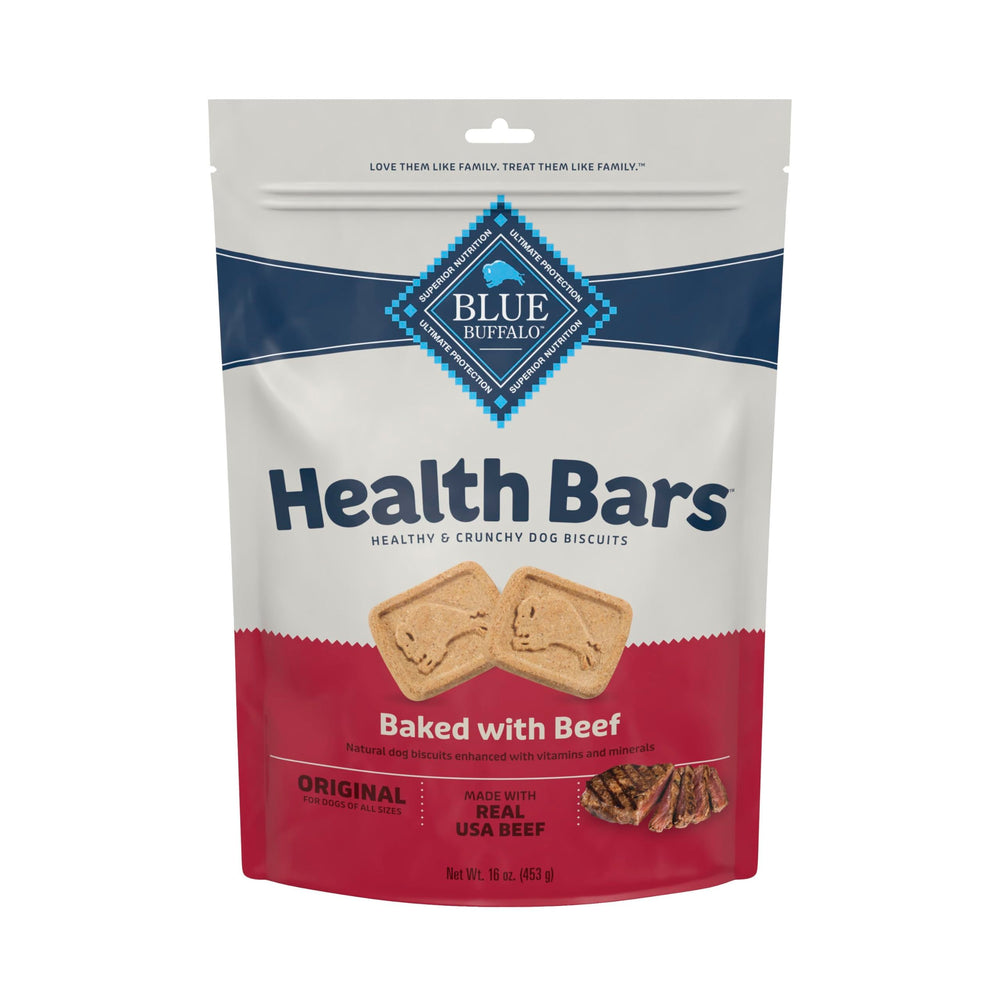 Blue Buffalo Health Bars beef-crunch biscuit, oven-baked for a satisfying crunch.