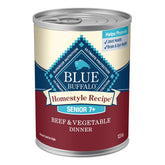 Blue Buffalo Homestyle Senior Wet Dog Food beef dinner with garden vegetables pack shot highlights protein-rich beef first