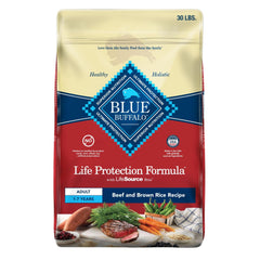 Blue Buffalo Life Protection 30lb bag shows beef and brown rice formula for adult dogs.