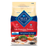 Blue Buffalo Life Protection beef-brown-rice bag highlights real beef for adult dogs