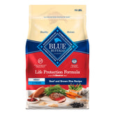 Blue Buffalo Life Protection beef-brown-rice kibble in a bag for adult dogs.