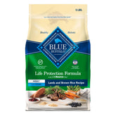 Blue Buffalo Life Protection Lamb and Brown Rice bag; premium formula for adult dogs.