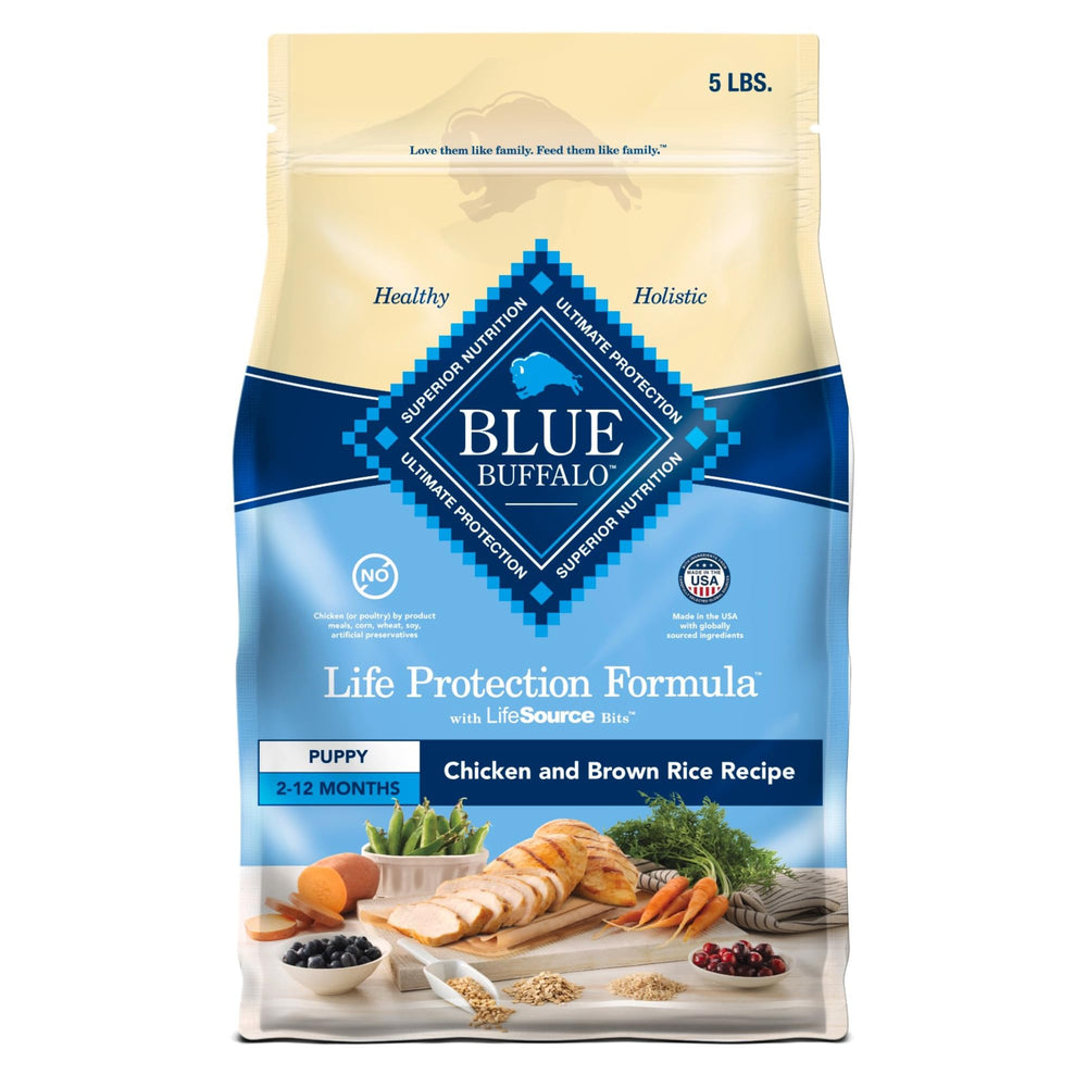 Blue Buffalo Life Protection Puppy dry food bag showing real chicken first for balanced nutrition.