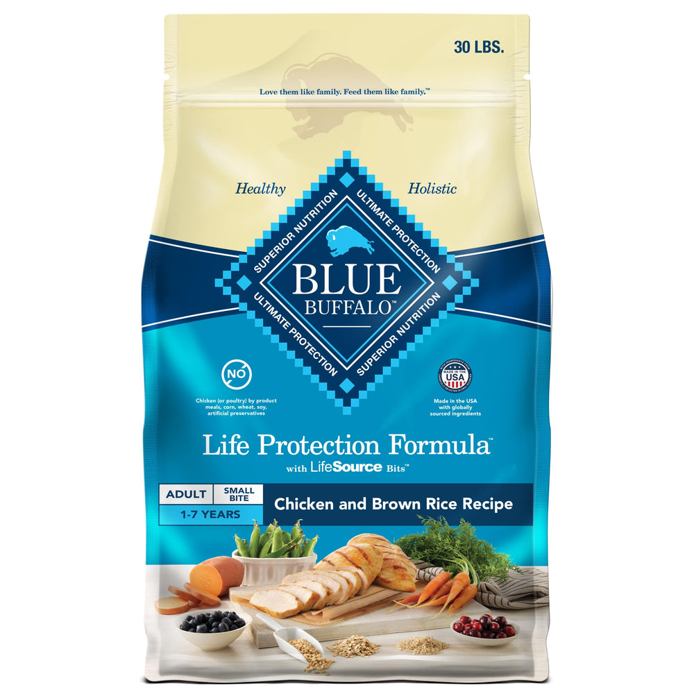 Blue Buffalo Life Protection Small Bite bag front; highlights premium ingredients for balanced nutrition.